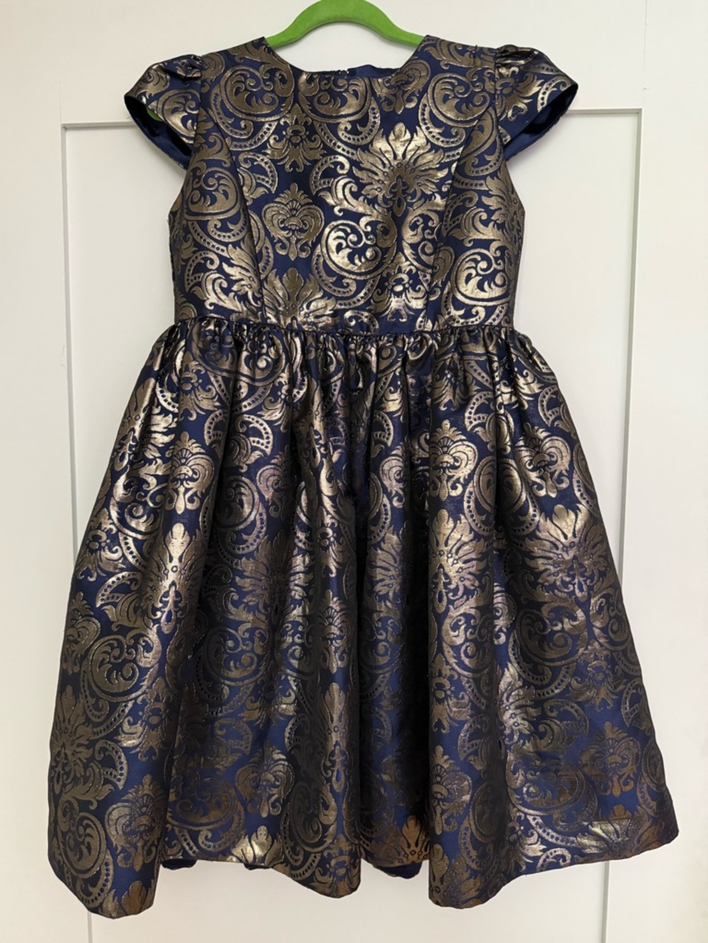 Chasing Fireflies Navy and Gold Brocade Party Dress